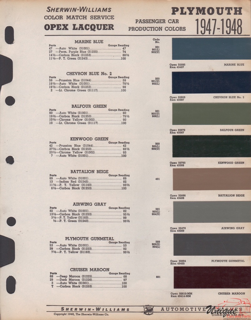 1947 Plymouth Paint Charts Williams 1
